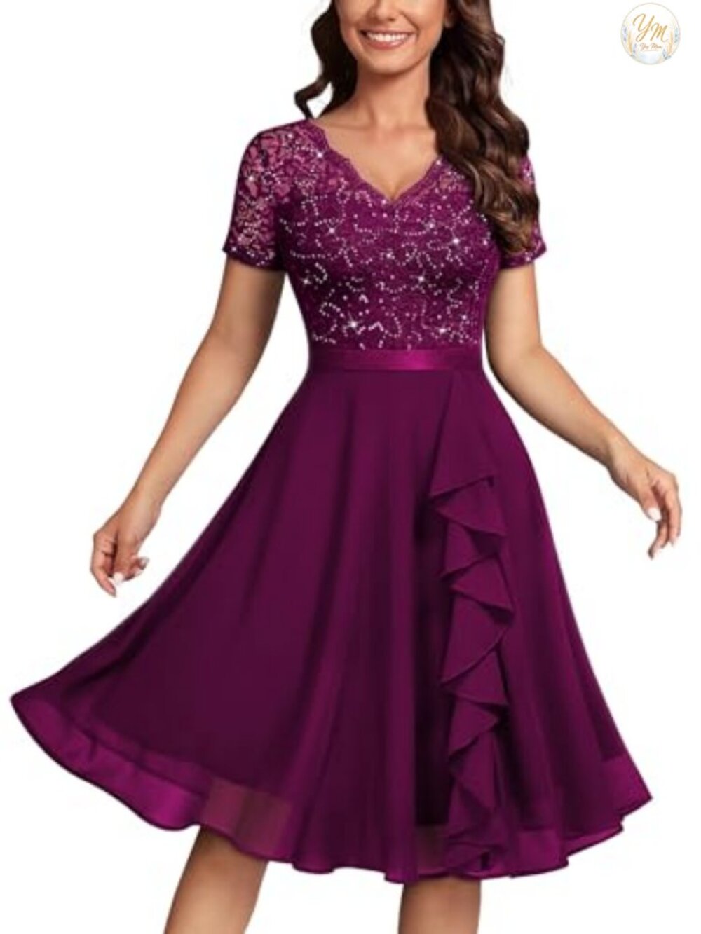 Elegant Sequin Lace A-Line Cocktail Party Dress Short Sleeve Knee Length